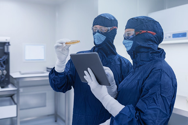 Personas con traje de protección manipulando una muestra