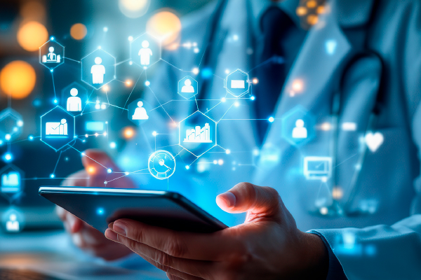 Profesional sanitario usando un dispositivo móvil