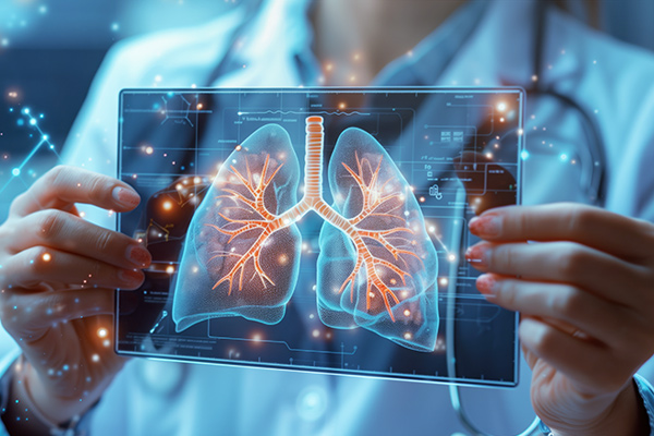 Profesional sanitario sosteniendo una imagen con unos pulmones