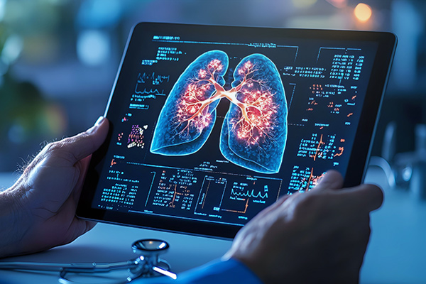 Profesional sanitario visualizando un informe de unos pulmones en una tablet