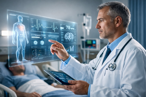 Profesional sanitario atendiendo a un paciente con tecnología futurista