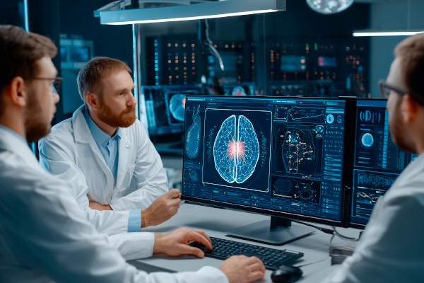 Profesionales sanitarios contemplando varios monitores con datos anatómicos