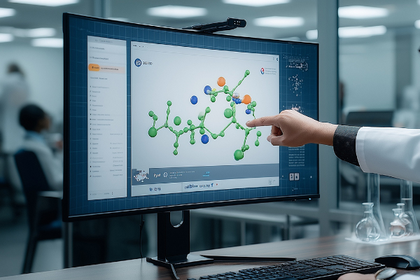 Dedo señalando una imagen molecular de un compuesto
