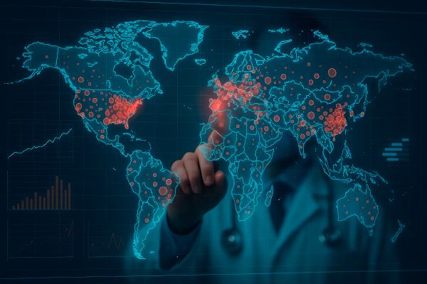 Profesional sanitario observando un mapa mundial