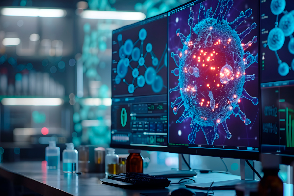 Monitores visualizando imágenes de microscopio en un laboratorio