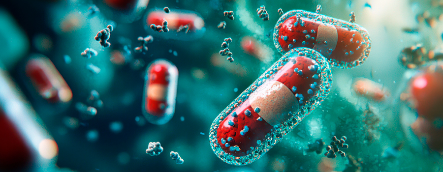 Píldoras y bacterias flotando