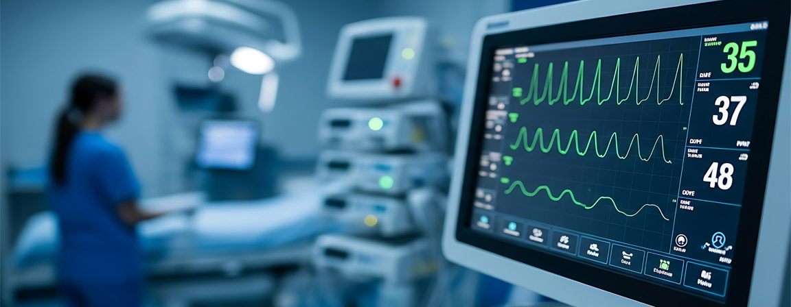 Fotografía de un quirófano con un monitor de frecuencia cardiaca en primer plano