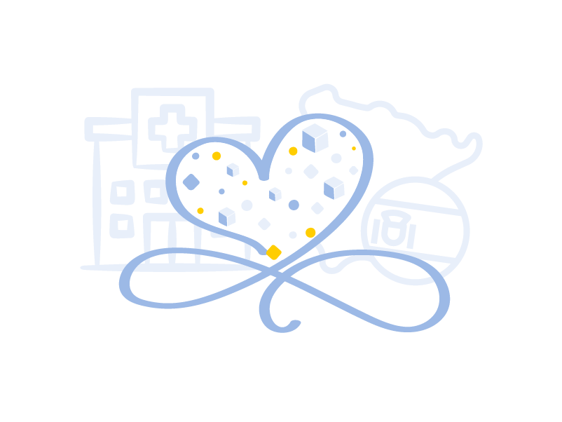 Ilustración de un corazón ante un edificio y la silueta de la península ibérica