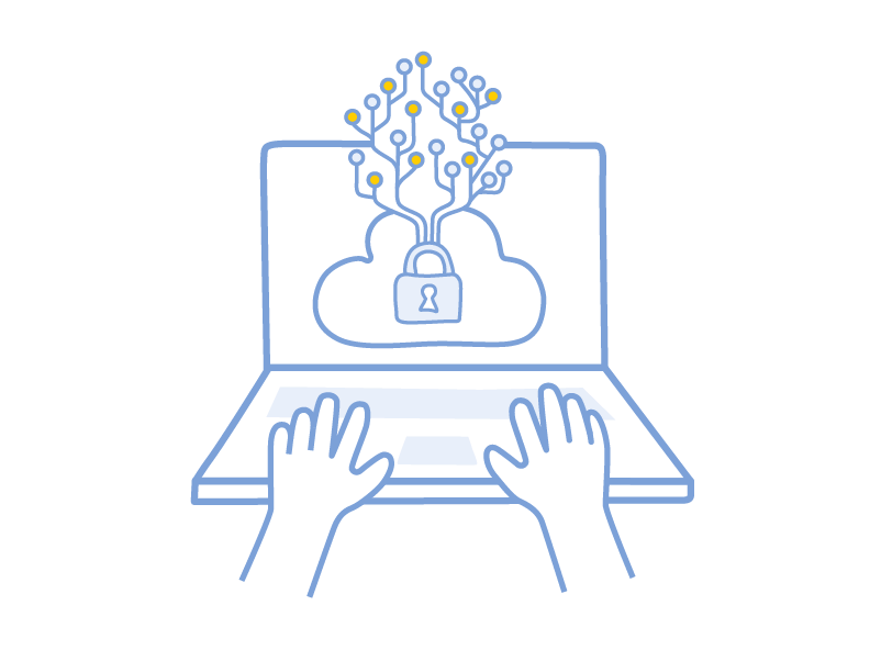 Ilustración de un portátil en cuya pantalla hay un candado dentro de una nube de la que salen varios nodos