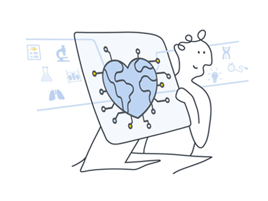 Caricatura de una persona enseñando en un monitor un corazón en el cual se muestran los continentes