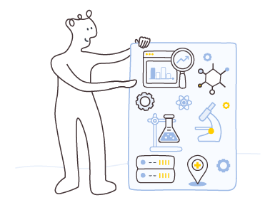 Persona sosteniendo un cartel enorme con dibujos relativos a la investigación y sanidad