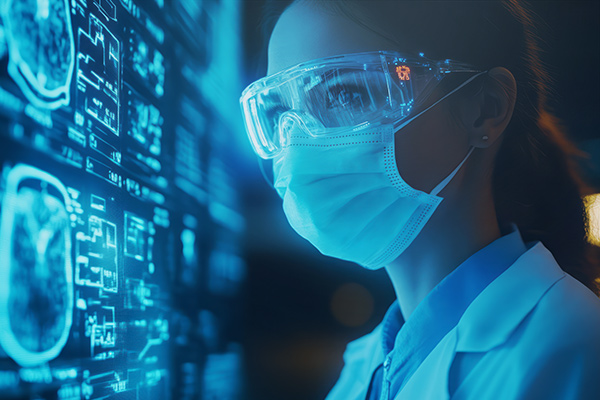 Investigadora con gafas y mascarilla de protección observando una pantalla con información diagnóstica