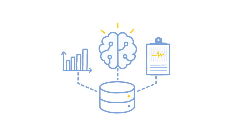 Ilustración de una base de datos con conexiones a una gráfica, un cerebro y una planilla de informes