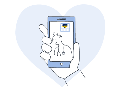 Ilustración de una mano sosteniendo un móvil en cuya pantalla hay un profesional sanitario
